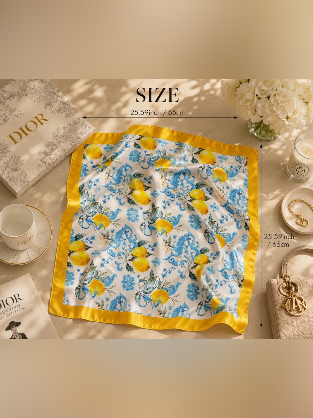 Lemon Print Silk Feel Square Scarf | Blue & Yellow Mediterranean Coastal Chic - Picture 3 of 4